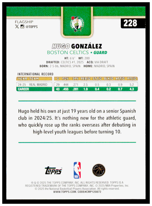 2025-26 Topps Hugo González Card RC Boston Celtics #228