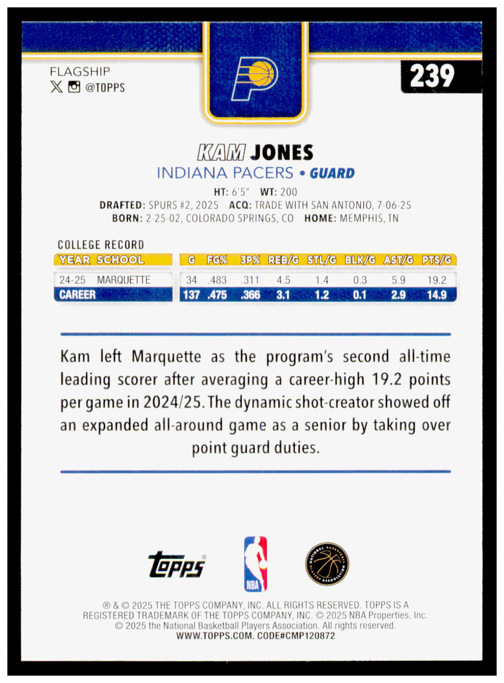 2025-26 Topps Kam Jones Card RC Indiana Pacers #239