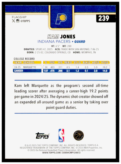 2025-26 Topps Kam Jones Card RC Indiana Pacers #239