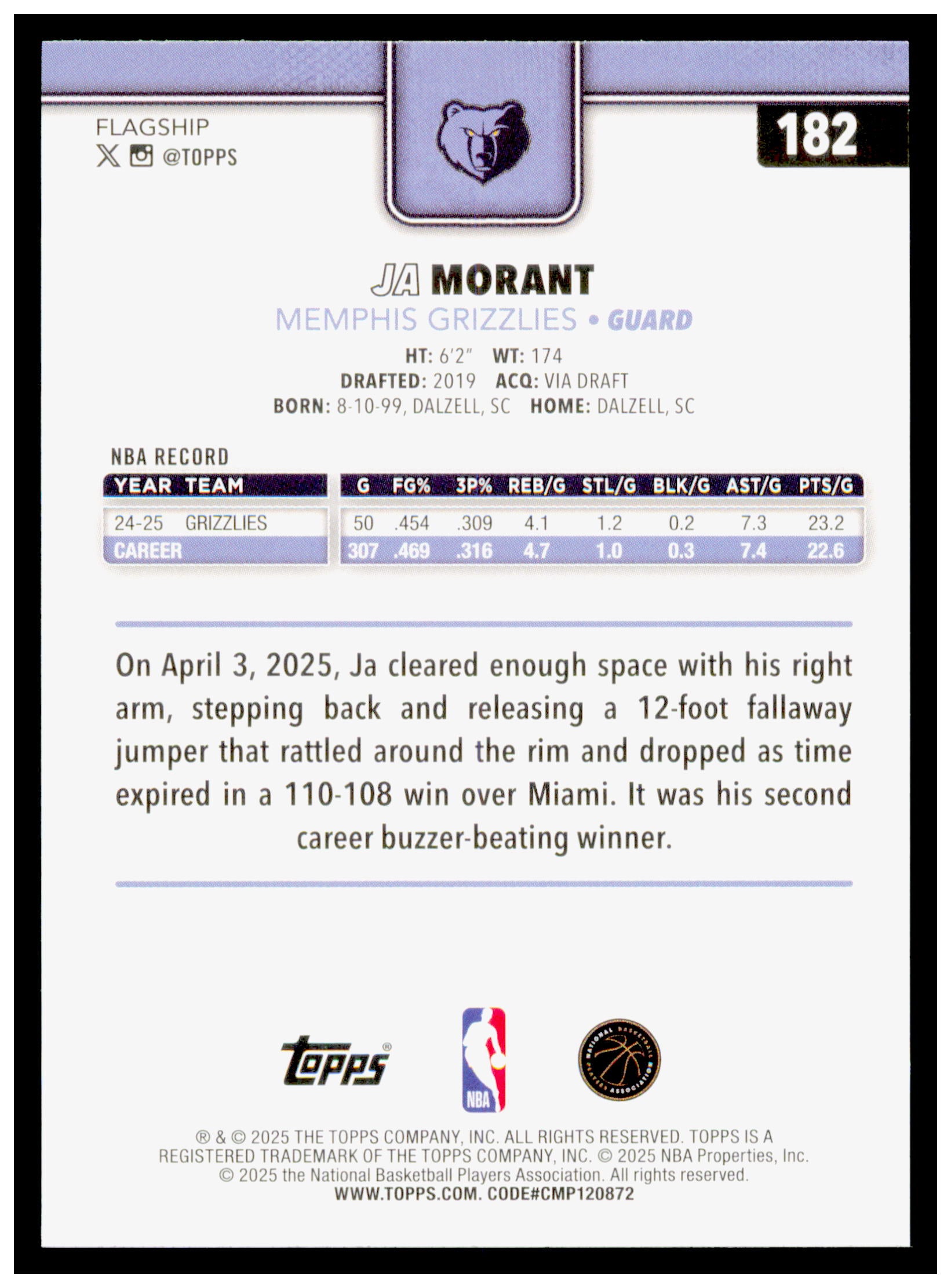 2025-26 Topps Ja Morant Card Memphis Grizzlies #182