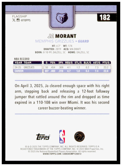2025-26 Topps Ja Morant Card Memphis Grizzlies #182