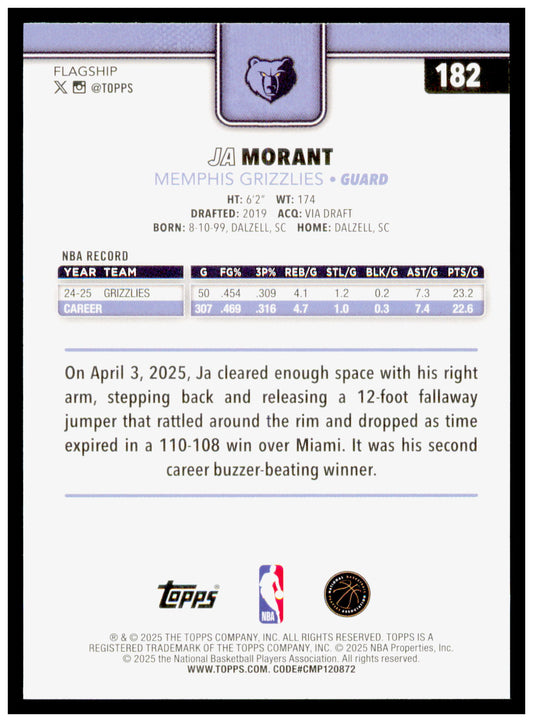 2025-26 Topps Ja Morant Card Memphis Grizzlies #182