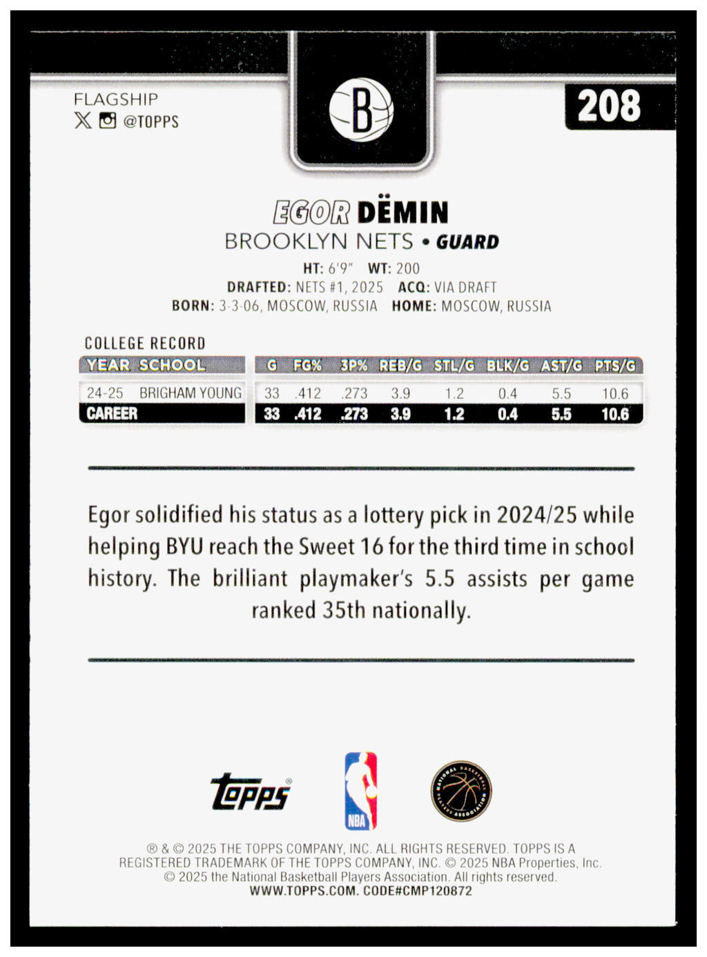 2025-26 Topps Egor Dëmin Card RC Brooklyn Nets #208