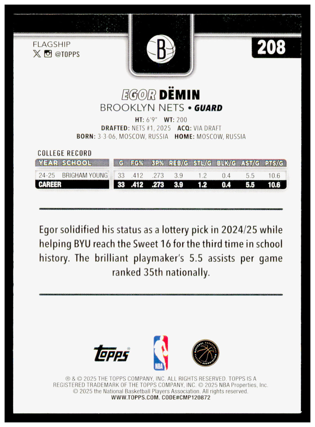 2025-26 Topps Egor Dëmin Card RC Brooklyn Nets #208