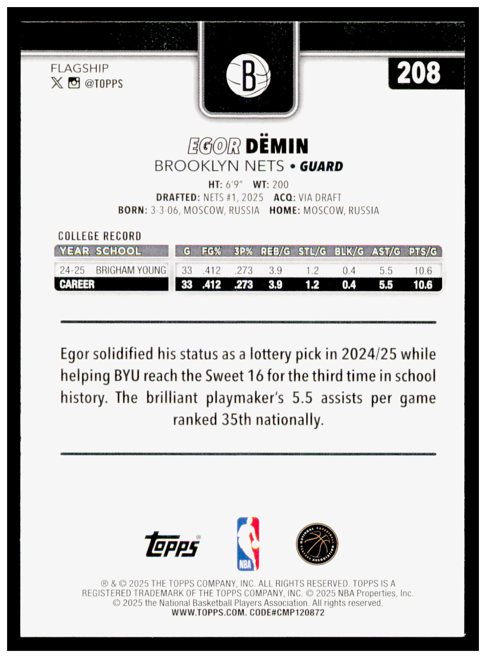 2025-26 Topps Egor Dëmin Card RC Brooklyn Nets #208