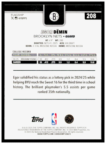 2025-26 Topps Egor Dëmin Card RC Brooklyn Nets #208