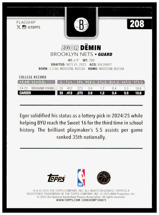 2025-26 Topps Egor Dëmin Card RC Brooklyn Nets #208