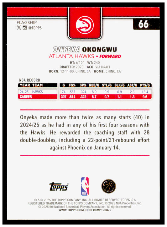 2025-26 Topps Onyeka Okongwu Card Atlanta Hawks #66
