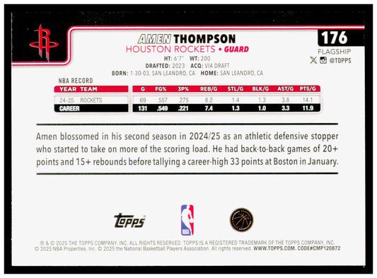 2025-26 Topps Amen Thompson Card Gold SN Houston Rockets #176