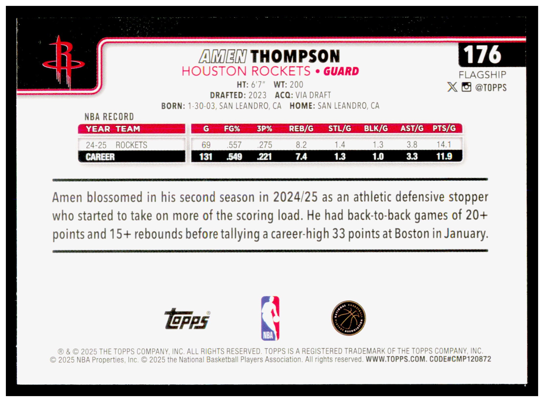 2025-26 Topps Amen Thompson Card Gold SN Houston Rockets #176