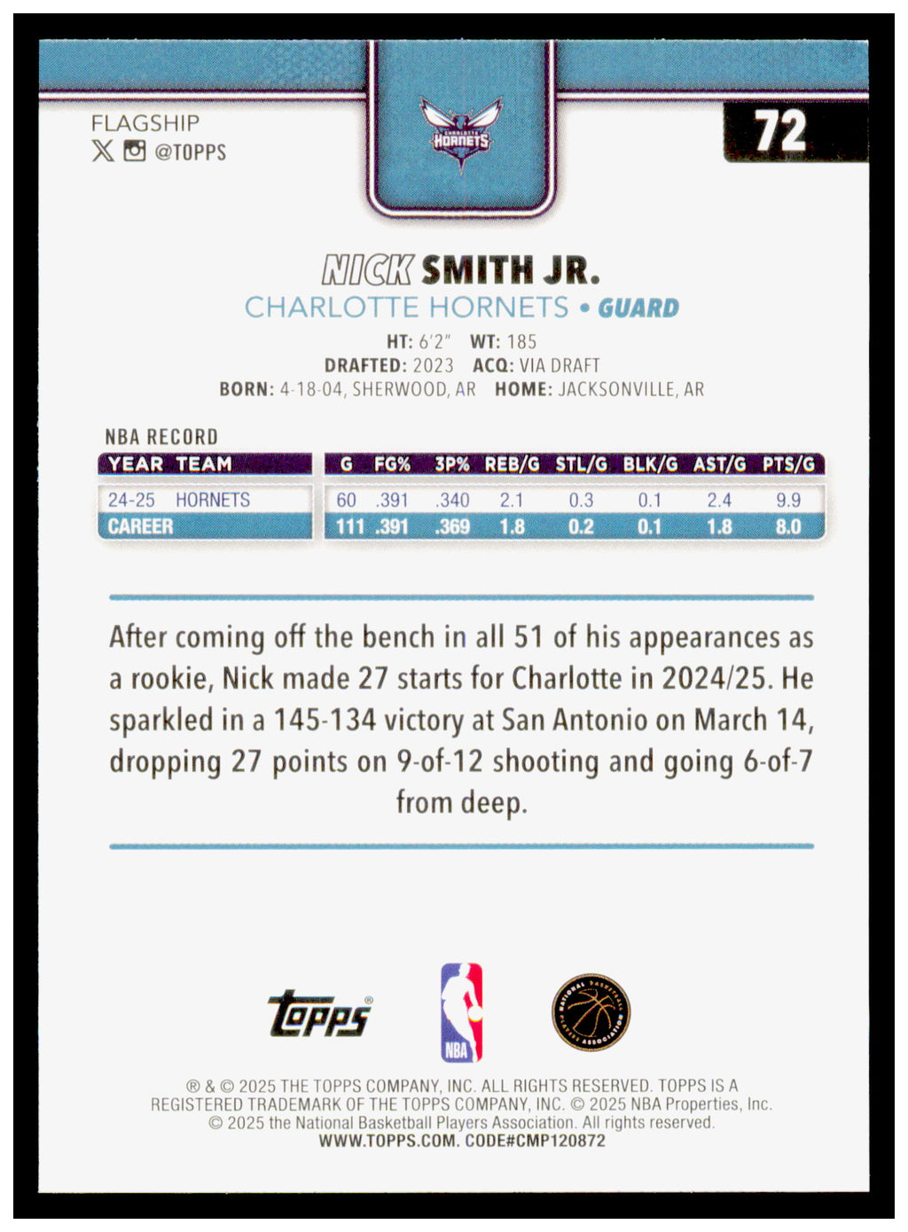 2025-26 Topps Nick Smith Jr. Card Charlotte Hornets #72