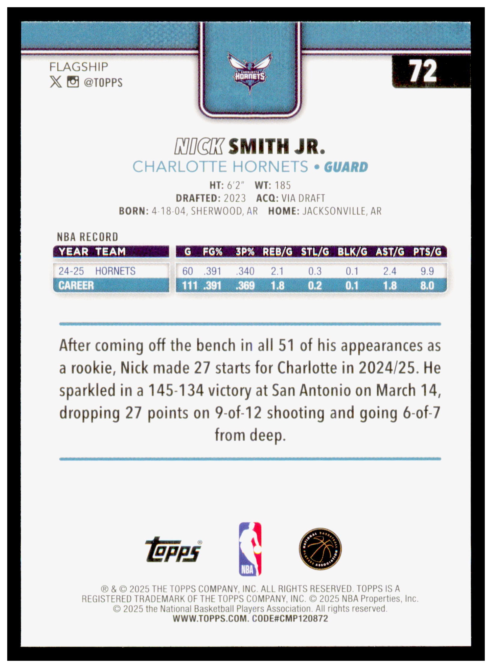 2025-26 Topps Nick Smith Jr. Card Charlotte Hornets #72