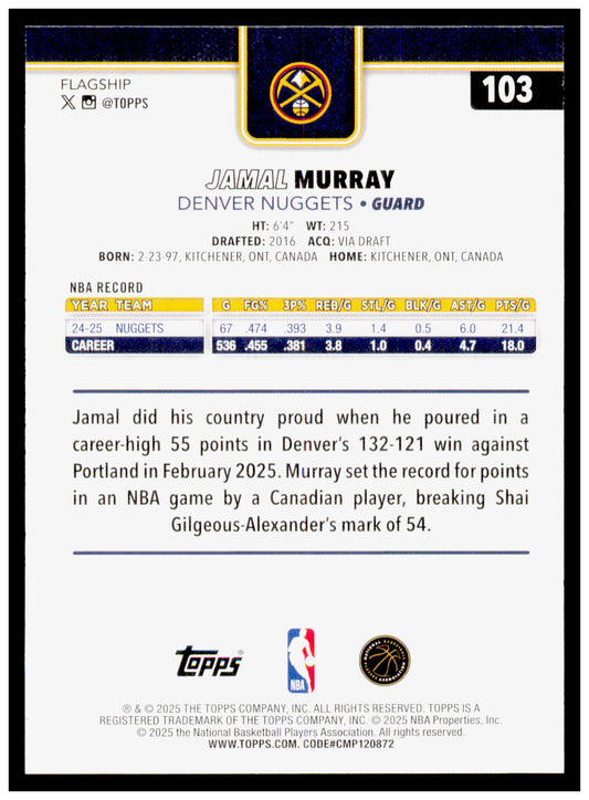 2025-26 Topps Jamal Murray Card Denver Nuggets #103