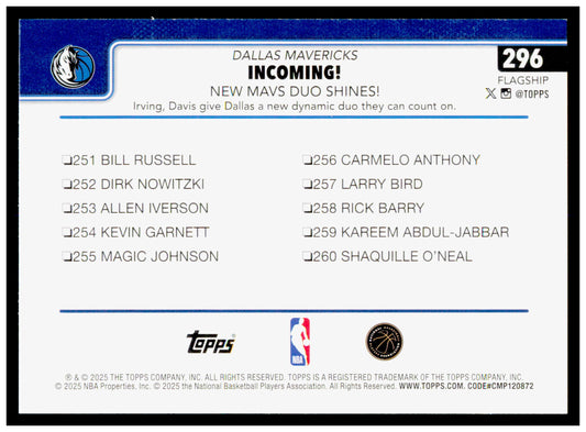 2025-26 Topps Incoming!: New Mavs Duo Shines! Card Dallas Mavericks #296
