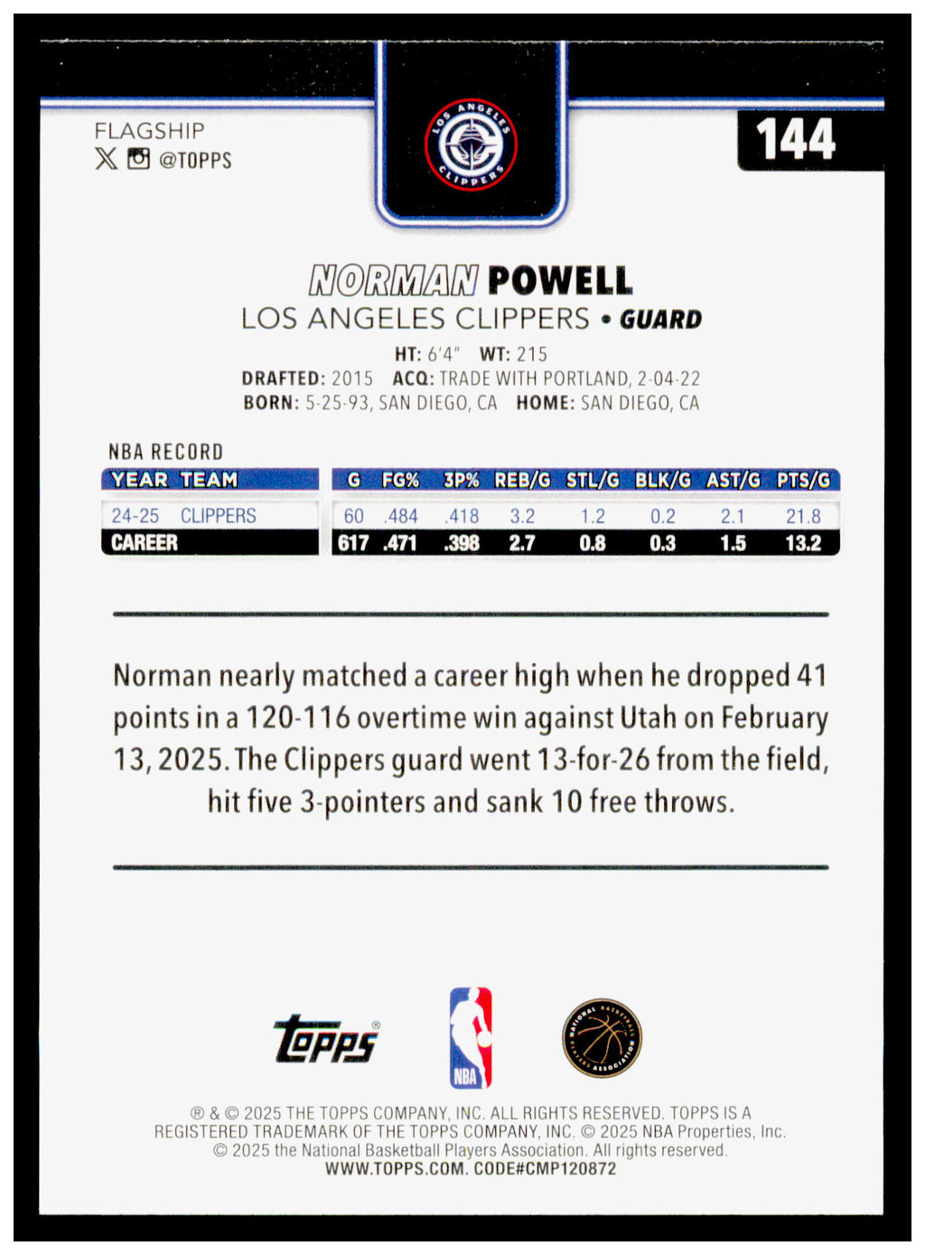 2025-26 Topps Norman Powell Card Los Angeles Clippers #144