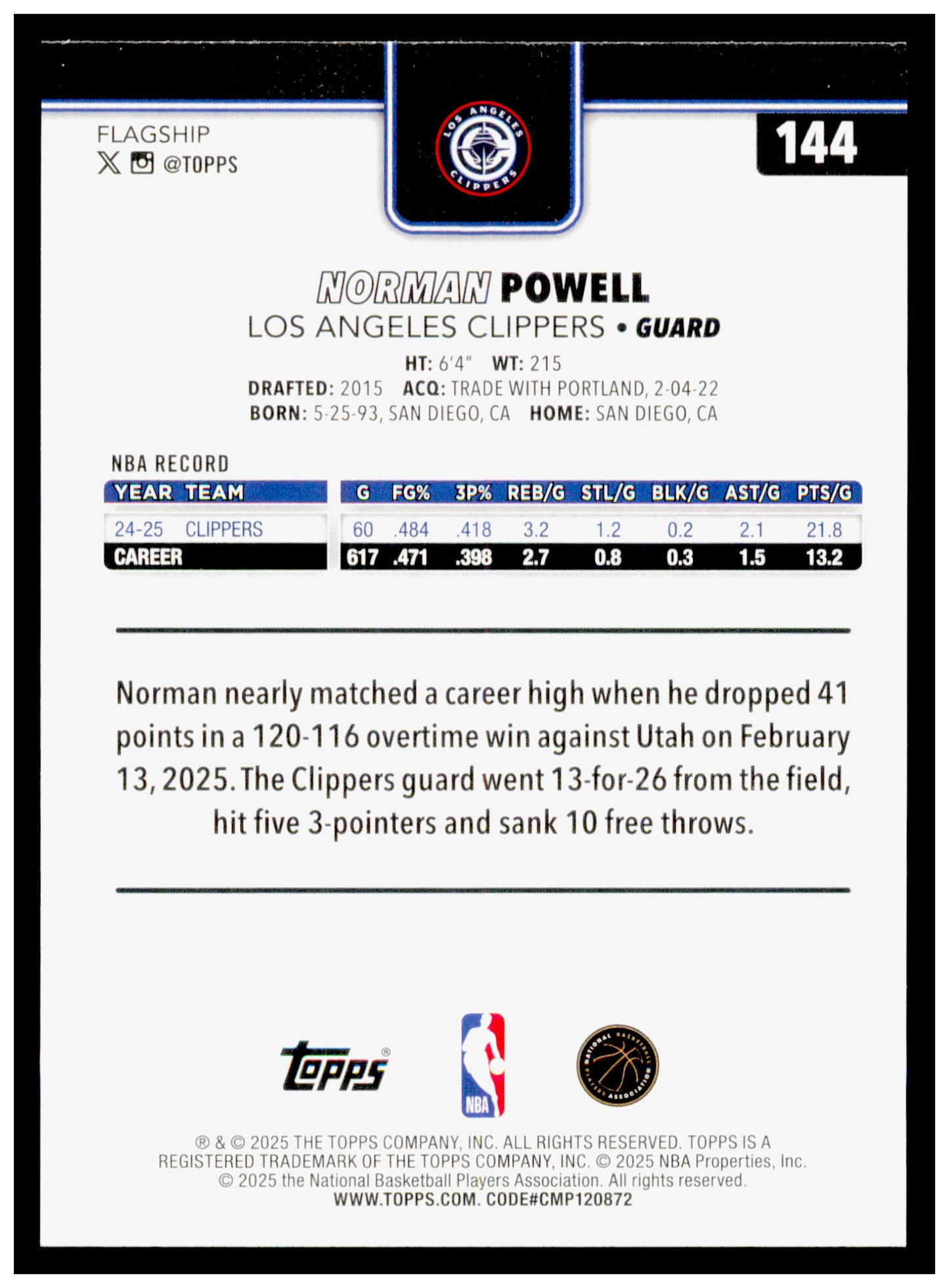 2025-26 Topps Norman Powell Card Los Angeles Clippers #144