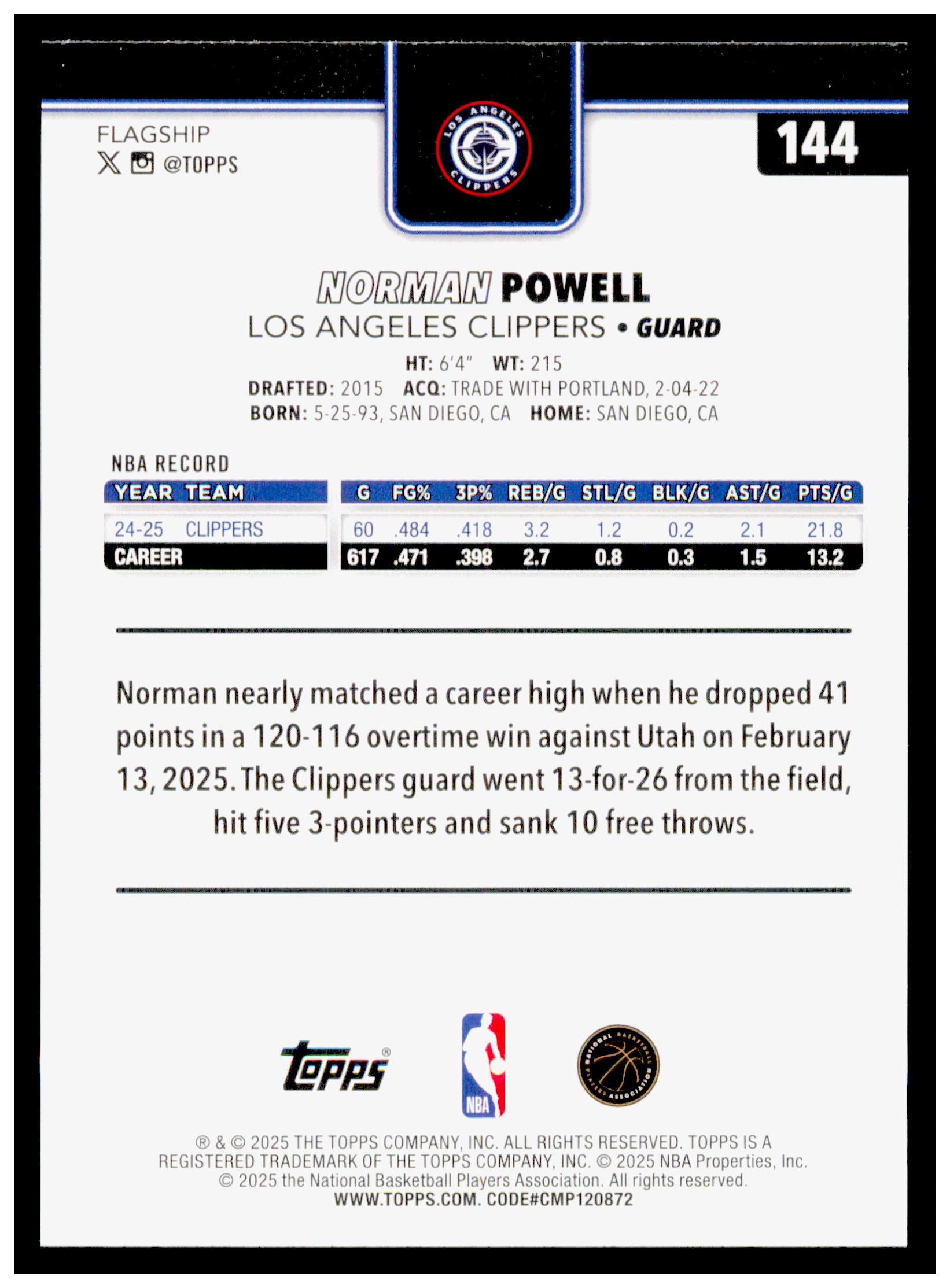 2025-26 Topps Norman Powell Card Los Angeles Clippers #144