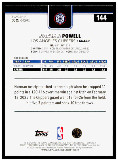 2025-26 Topps Norman Powell Card Los Angeles Clippers #144