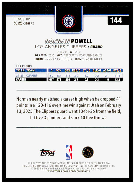 2025-26 Topps Norman Powell Card Los Angeles Clippers #144