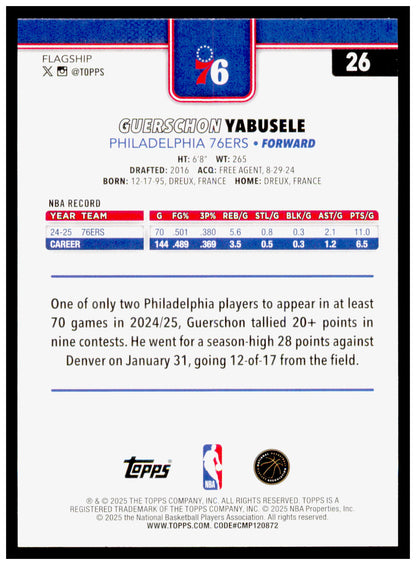 2025-26 Topps Guerschon Yabusele Card Philadelphia 76ers #26