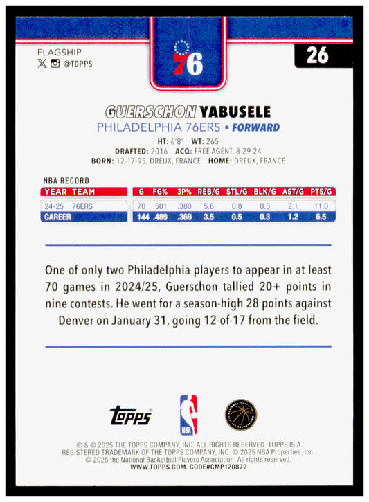 2025-26 Topps Guerschon Yabusele Card Philadelphia 76ers #26