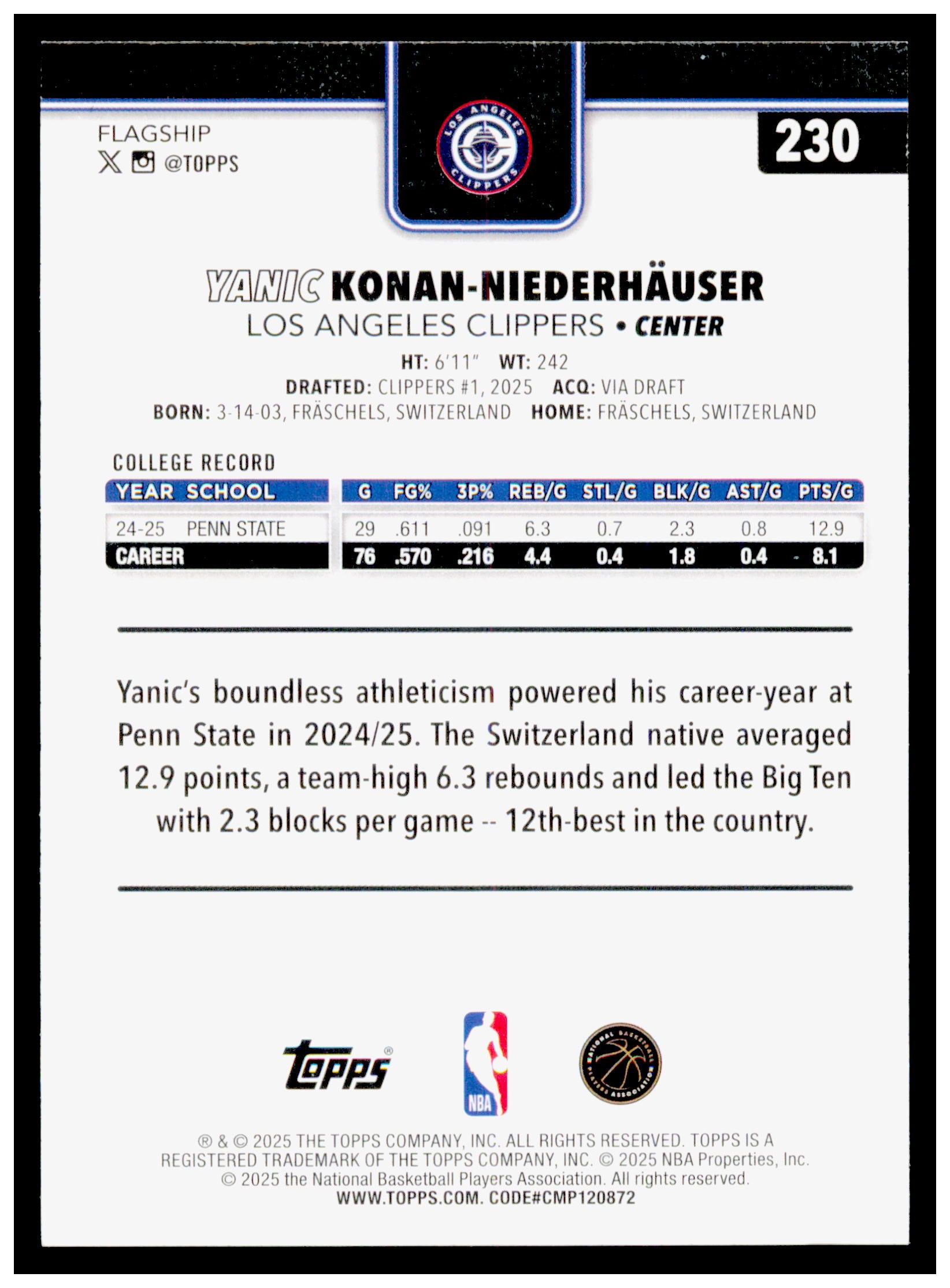 2025-26 Topps Yanic Konan-Niederhäuser Card RC Los Angeles Clippers #230