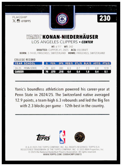 2025-26 Topps Yanic Konan-Niederhäuser Card RC Los Angeles Clippers #230