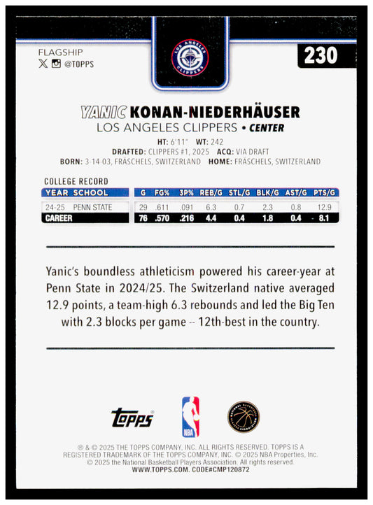 2025-26 Topps Yanic Konan-Niederhäuser Card RC Los Angeles Clippers #230
