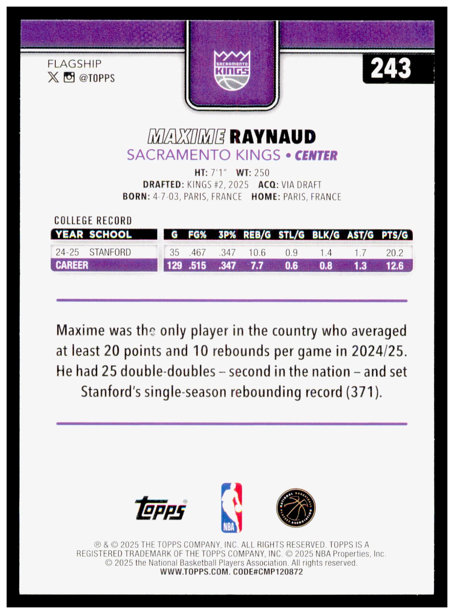 2025-26 Topps Maxime Raynaud Card RC Sacramento Kings #243