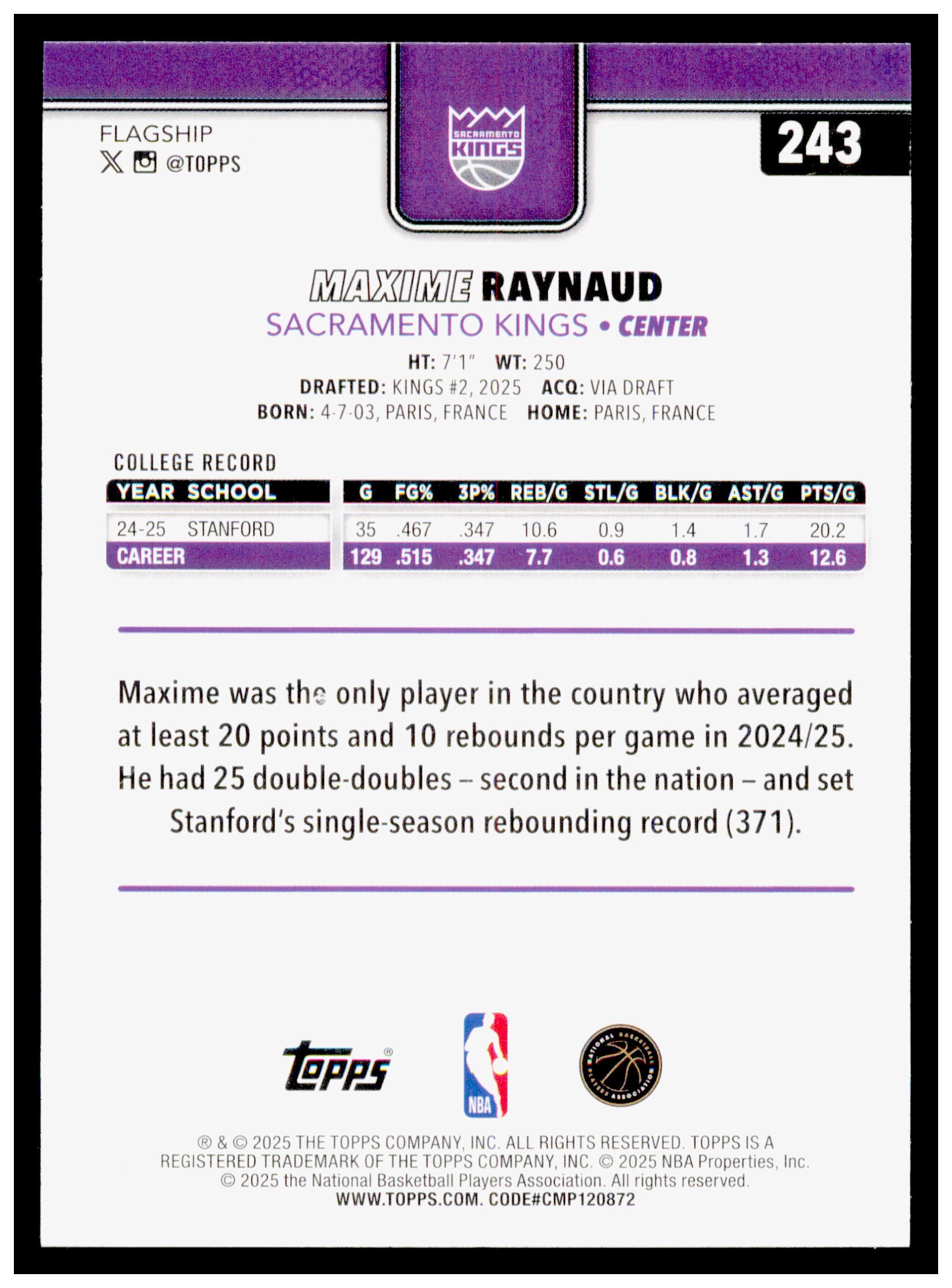 2025-26 Topps Maxime Raynaud Card RC Sacramento Kings #243