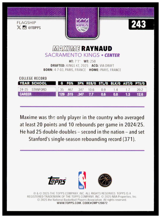 2025-26 Topps Maxime Raynaud Card RC Sacramento Kings #243