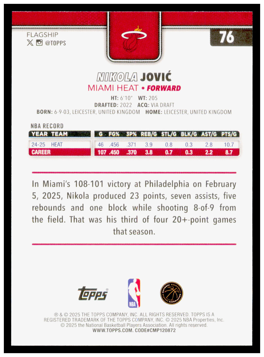 2025-26 Topps Nikola Jović Card Miami Heat #76