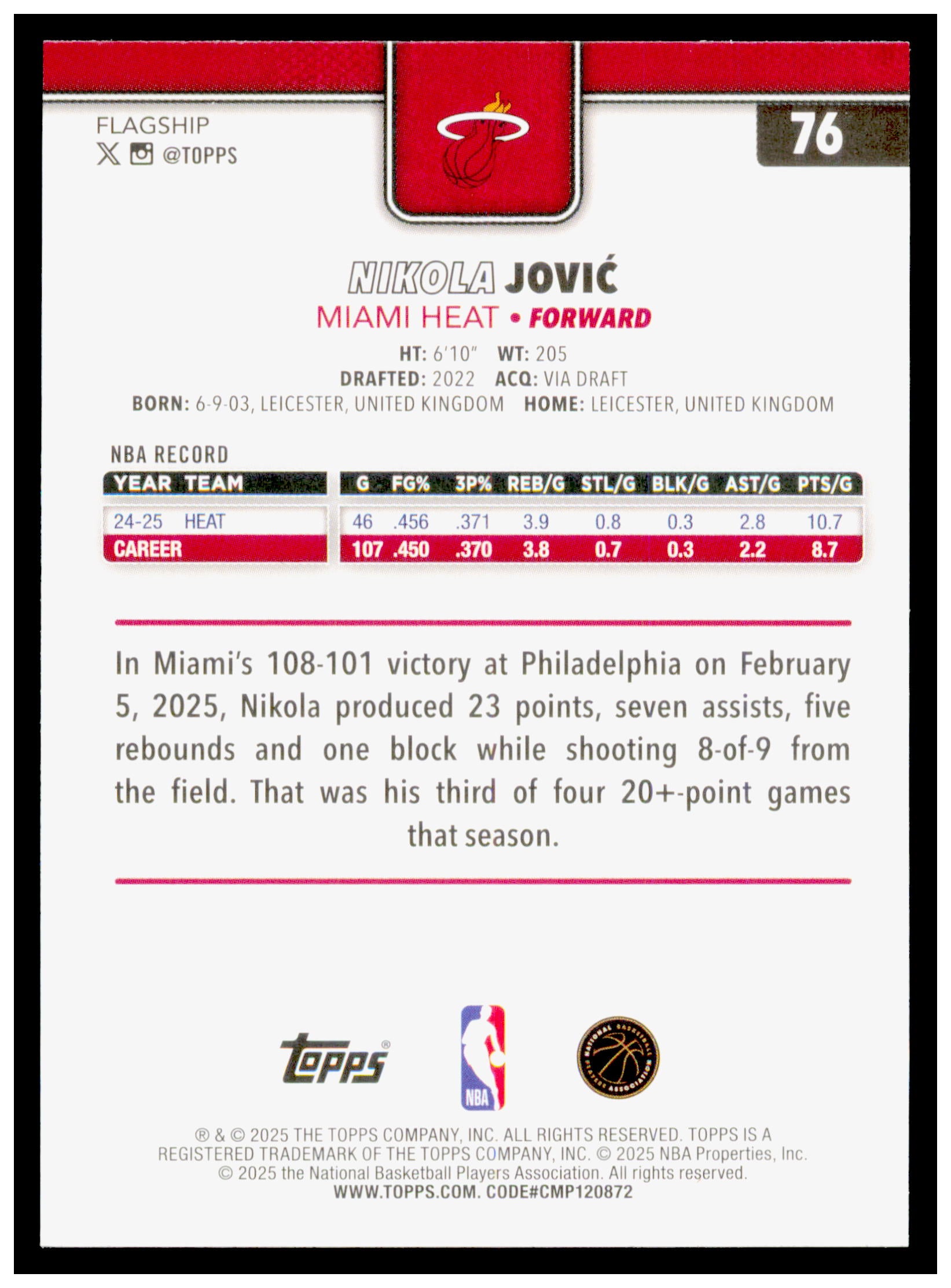 2025-26 Topps Nikola Jović Card Miami Heat #76