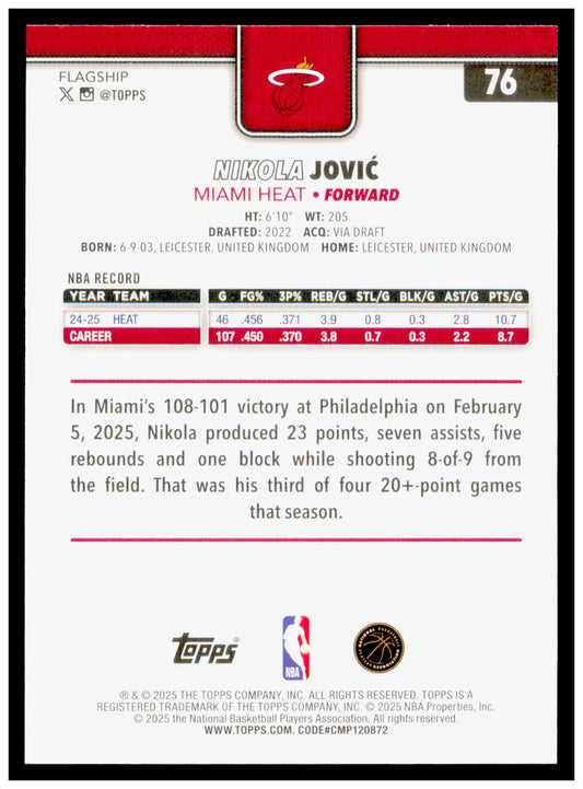 2025-26 Topps Nikola Jović Card Miami Heat #76