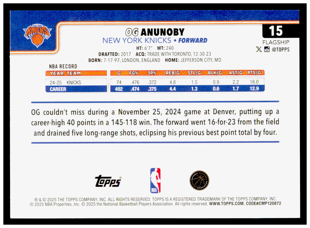 2025-26 Topps OG Anunoby Card New York Knicks #15
