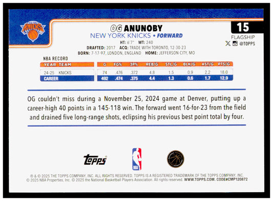 2025-26 Topps OG Anunoby Card New York Knicks #15