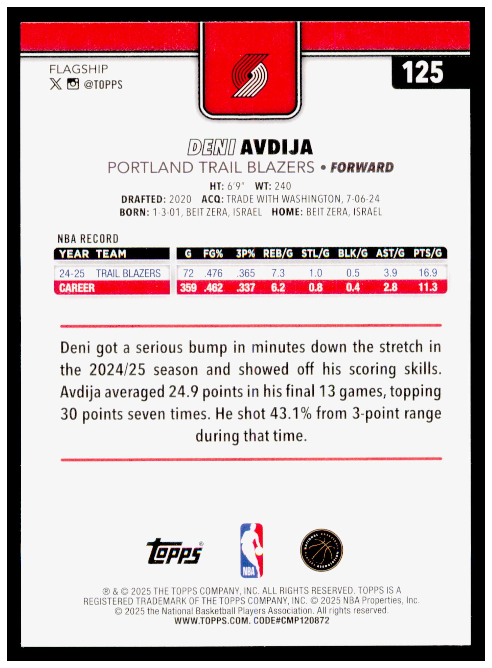2025-26 Topps Deni Avdija Card Portland Trail Blazers #125