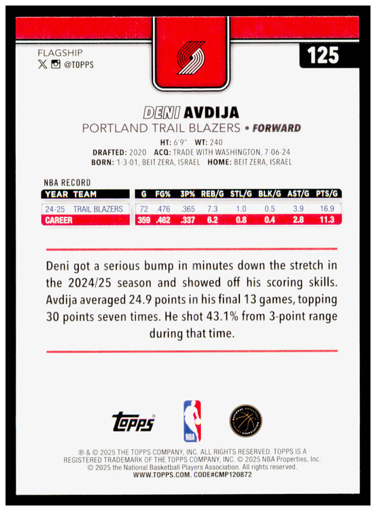 2025-26 Topps Deni Avdija Card Portland Trail Blazers #125