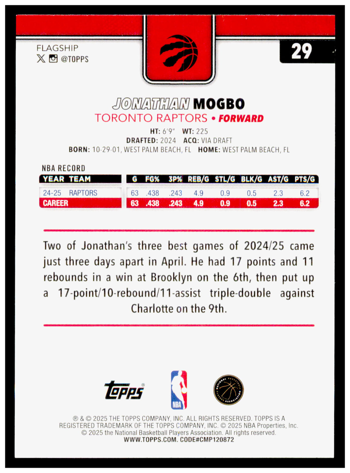 2025-26 Topps Jonathan Mogbo Card Toronto Raptors #29