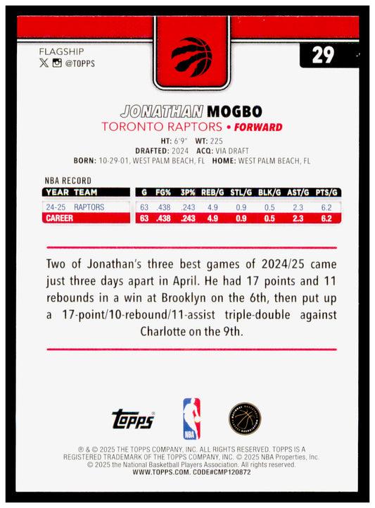 2025-26 Topps Jonathan Mogbo Card Toronto Raptors #29