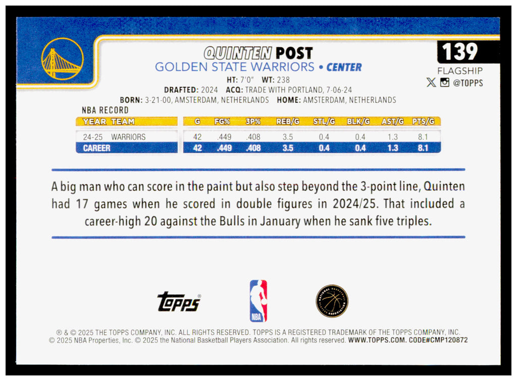 2025-26 Topps Quinten Post Card Golden State Warriors #139