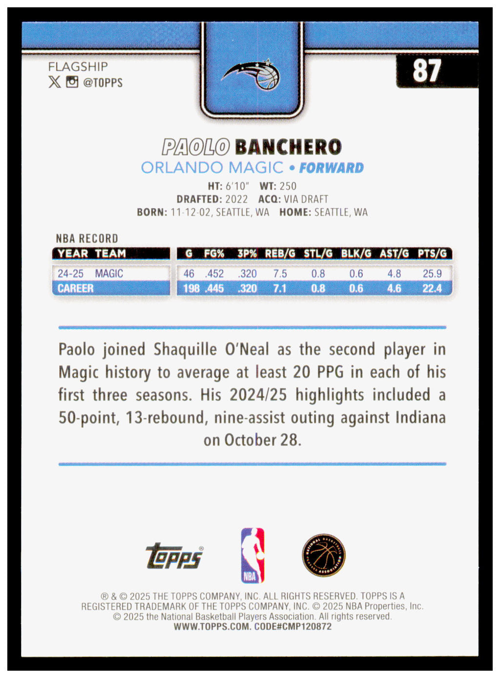 2025-26 Topps Paolo Banchero Card Orlando Magic #87