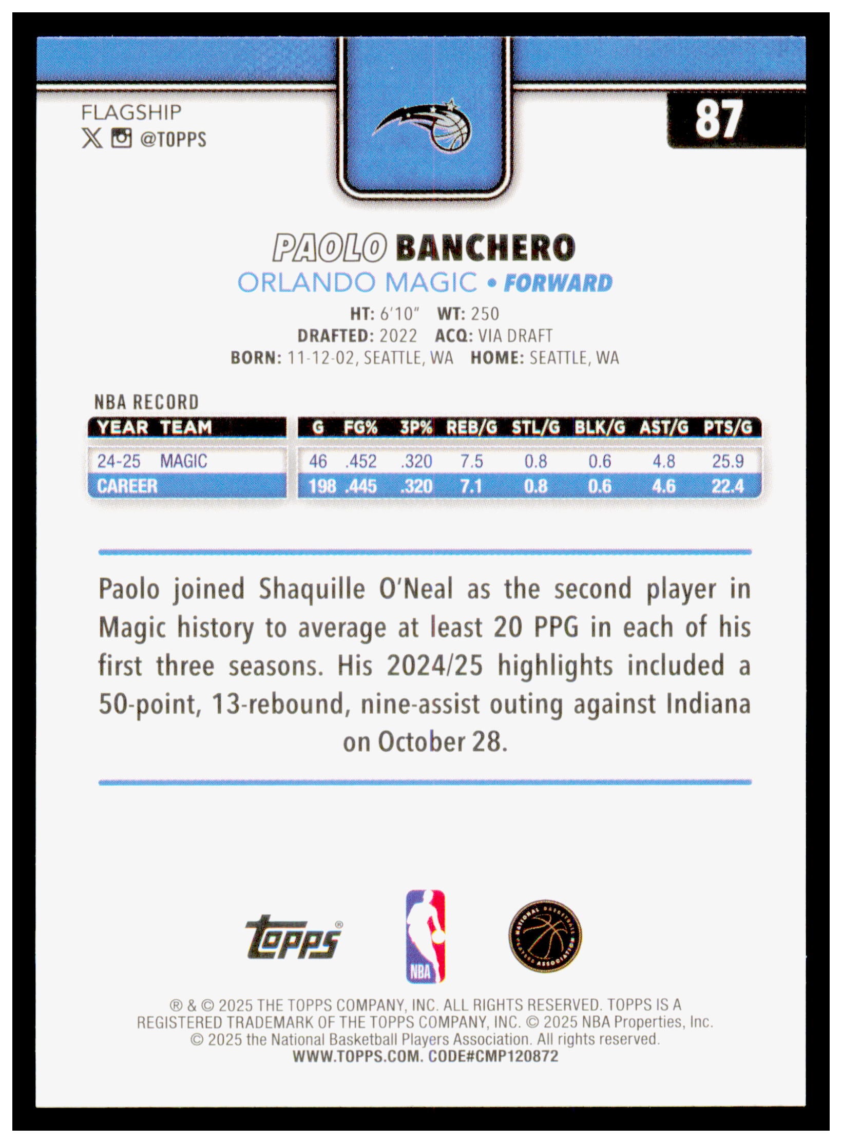 2025-26 Topps Paolo Banchero Card Orlando Magic #87