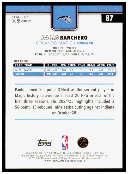 2025-26 Topps Paolo Banchero Card Orlando Magic #87