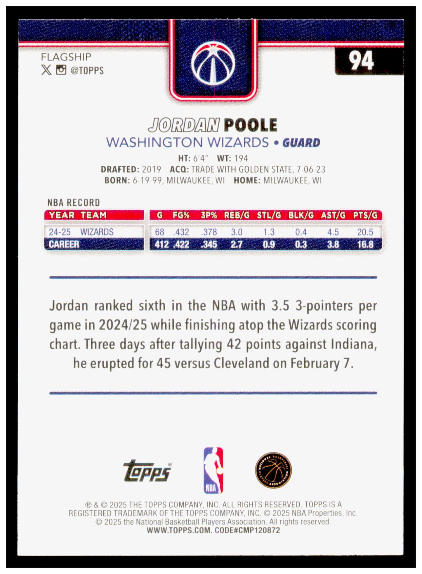 2025-26 Topps Jordan Poole Card Washington Wizards #94