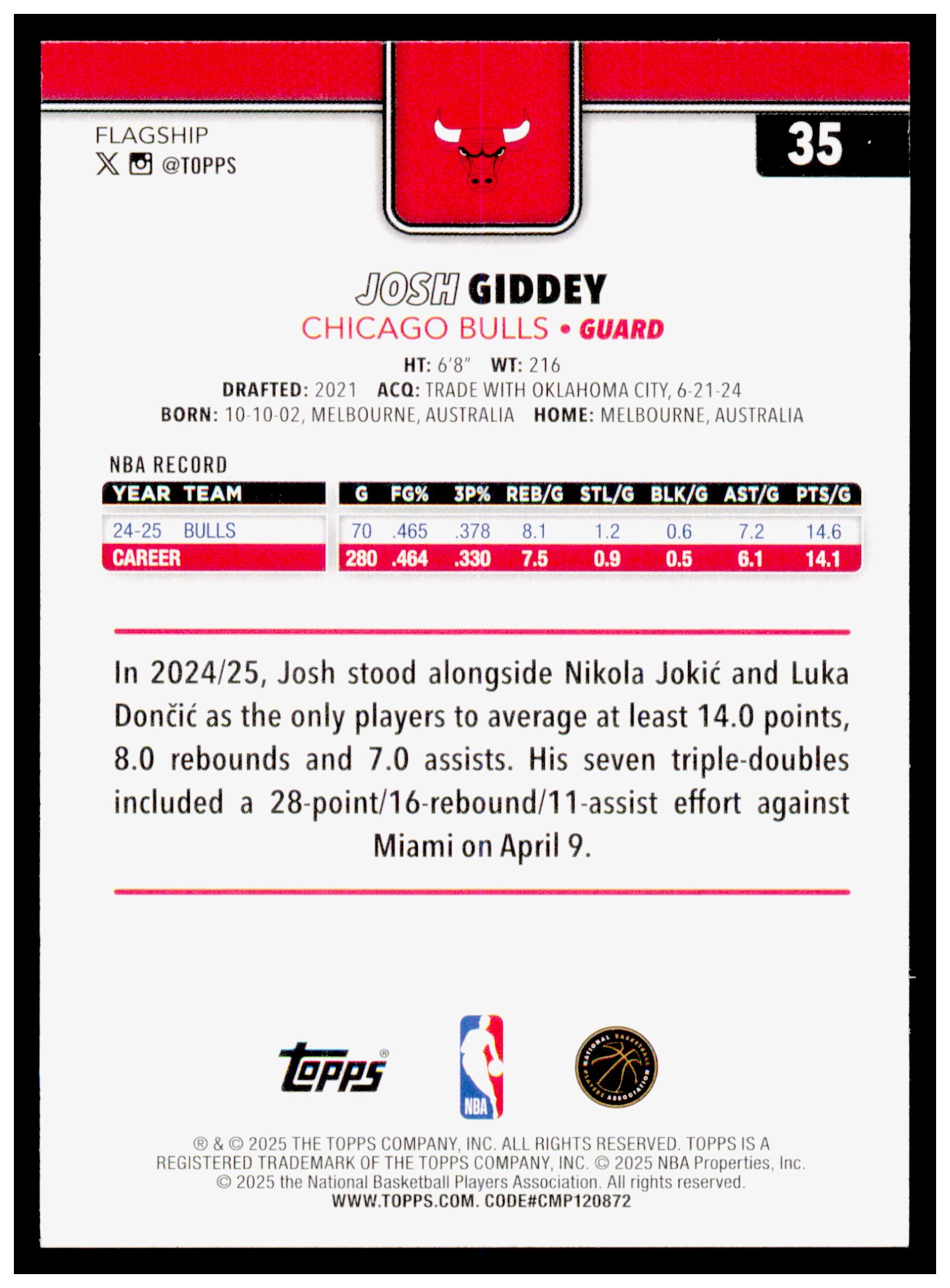 2025-26 Topps Josh Giddey Card Chicago Bulls #35