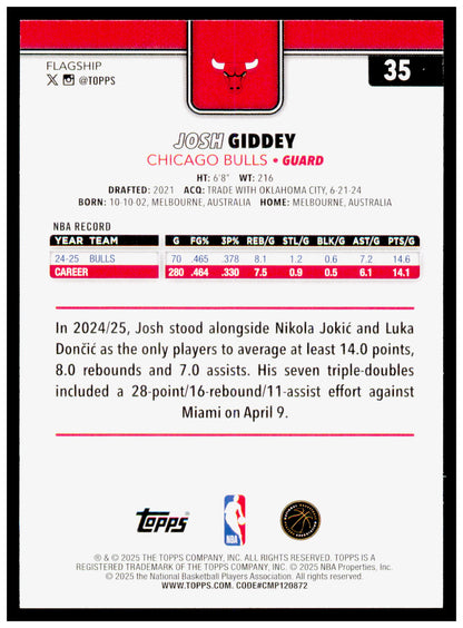 2025-26 Topps Josh Giddey Card Chicago Bulls #35
