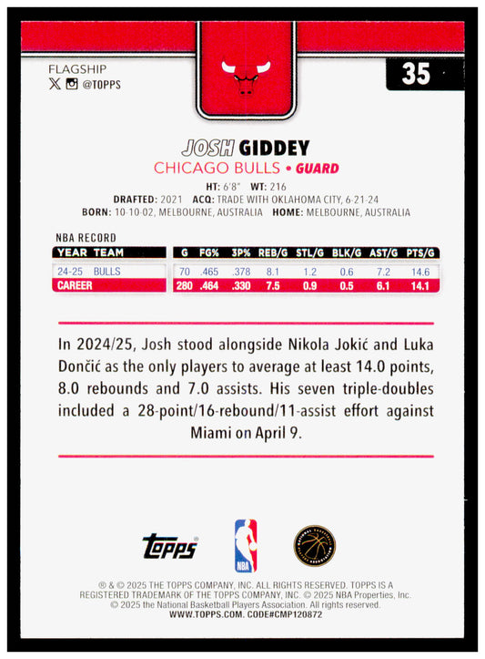 2025-26 Topps Josh Giddey Card Chicago Bulls #35