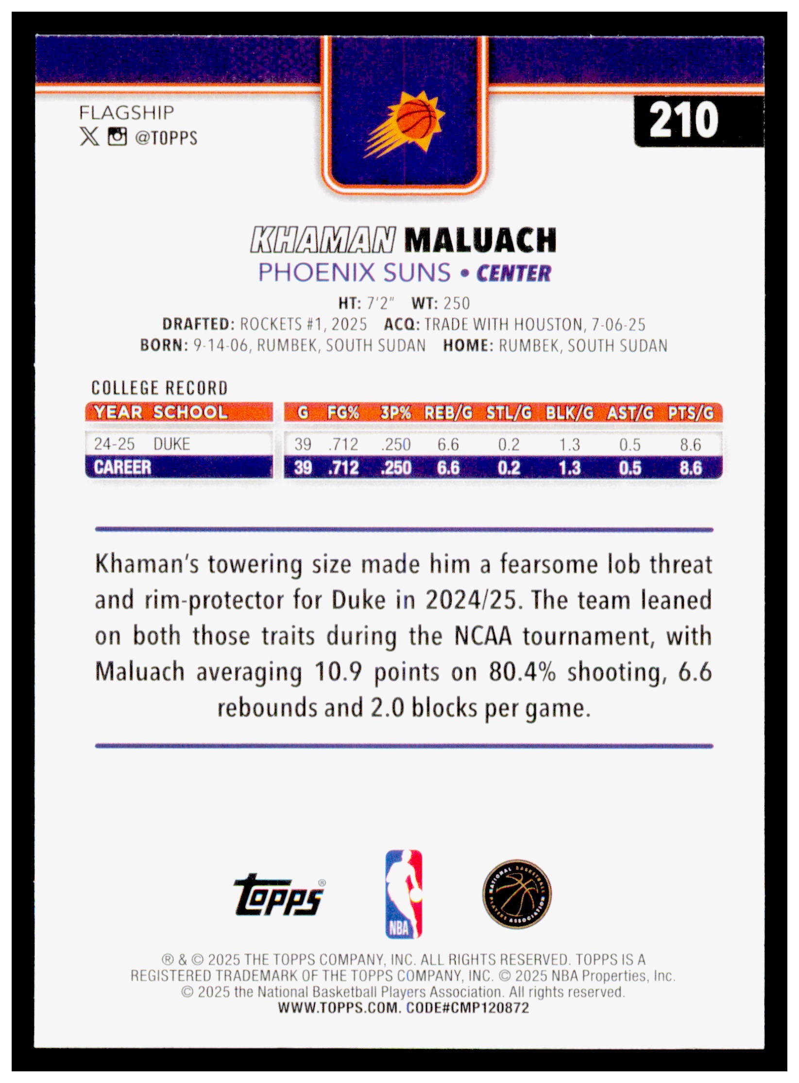 2025-26 Topps Khaman Maluach Card RC Phoenix Suns #210