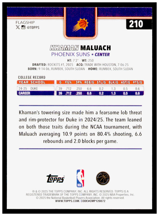 2025-26 Topps Khaman Maluach Card RC Phoenix Suns #210